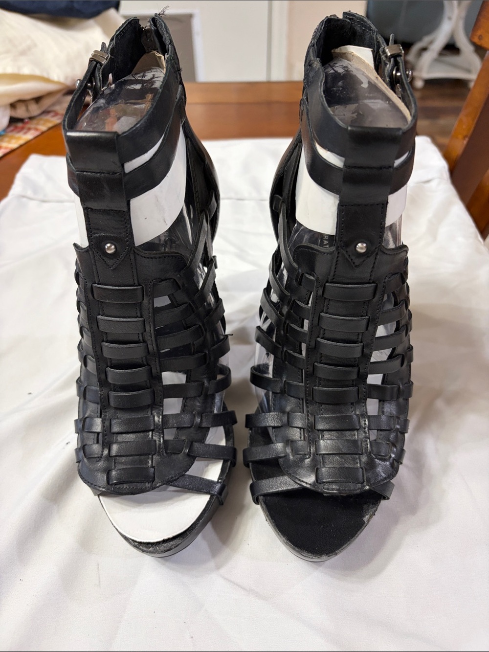 BCBG Black and White Strappy Caged Heels
